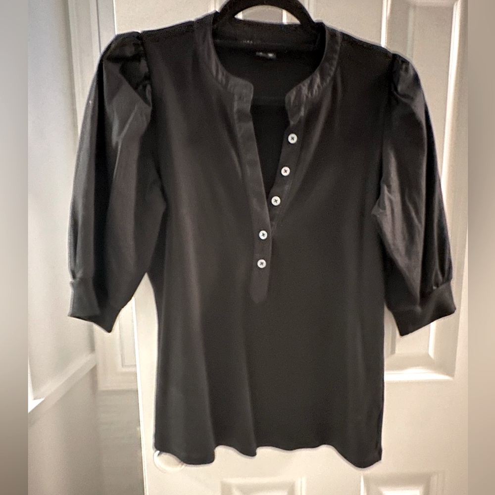 VERONICA BEARD Solid Black Coralee Puff-Sleeve Stretch Cotton Top